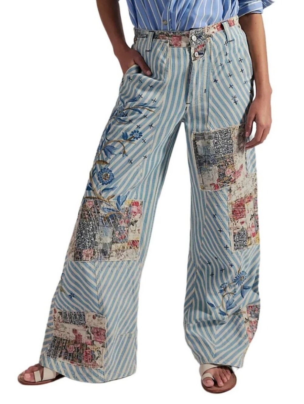 Free People Wide Leg Lightweight Railroad Stripe Cotton Fabric Pants. Jeans